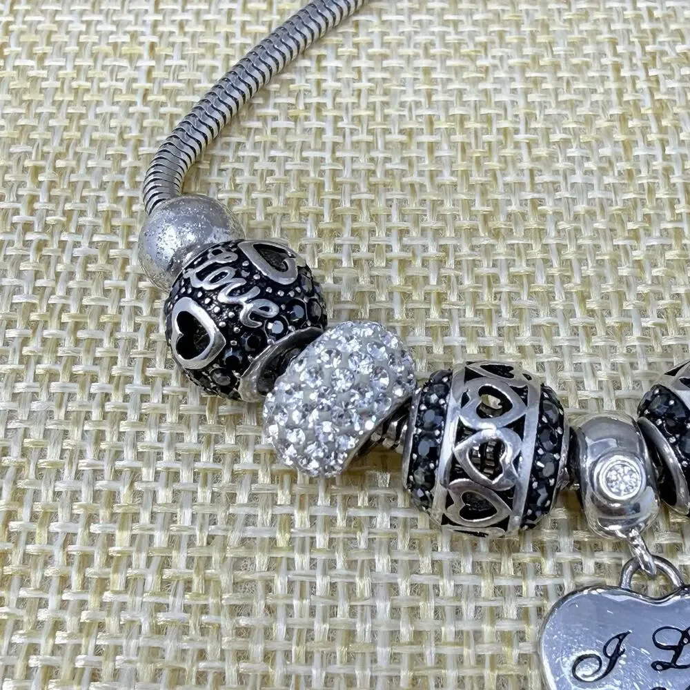 Sterling Silver Fiora Italy Love Charm Bracelet Black White Rhinestone 7 inch